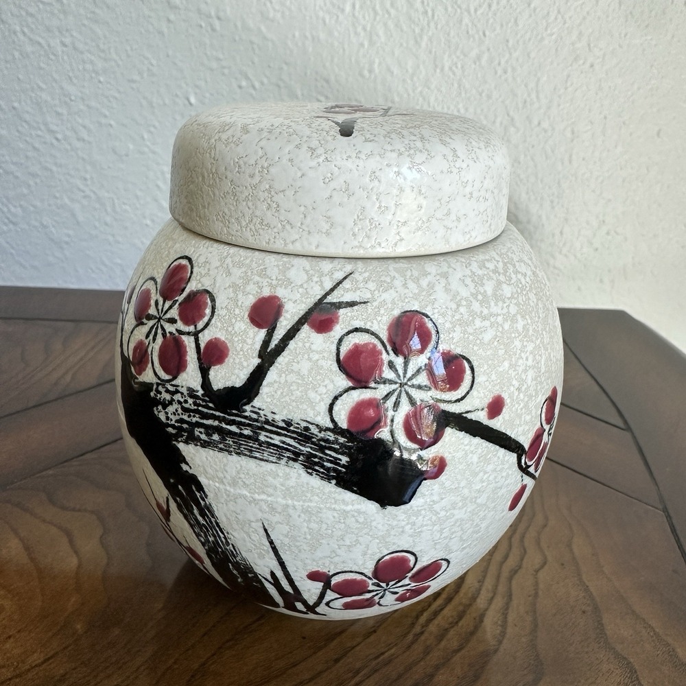 Vintage Ardco Ginger Jar 5.5 Inch Lid Asian Black Red‎ Cherry Blossom Japan EUC